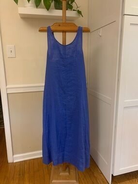 COS Gathered Tie Linen Maxi Dress Cobalt Blue Size Small Pockets